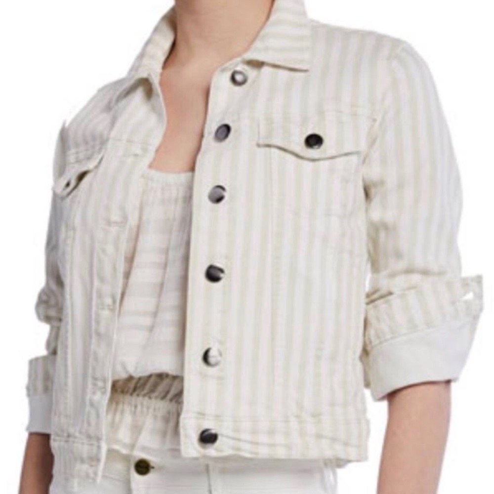 NEW Frame tan beige white striped denim jacket L